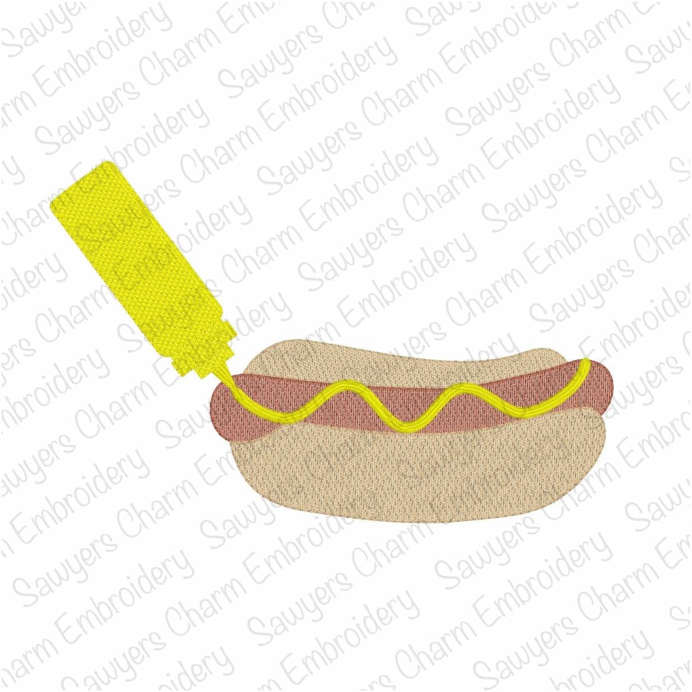 Hot dog and mustard sketch stitch machine embroidery design, ballpark snack, weenie, frank