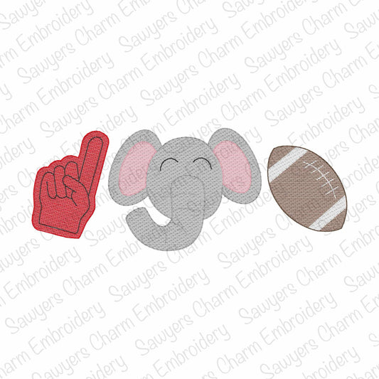 Foam finger, elephant mascot, football sketch stitch trio, machine embroidery design, quick stitch, college university sports, cheer fan