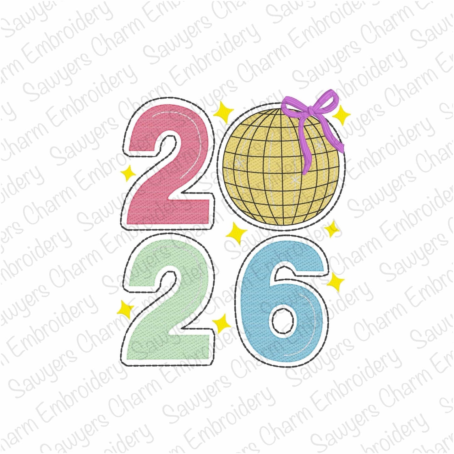 BUNDLE 2026 Disco ball sketch stitch machine embroidery design file, quick stitch, happy holidays, Happy New Year, celebration, party