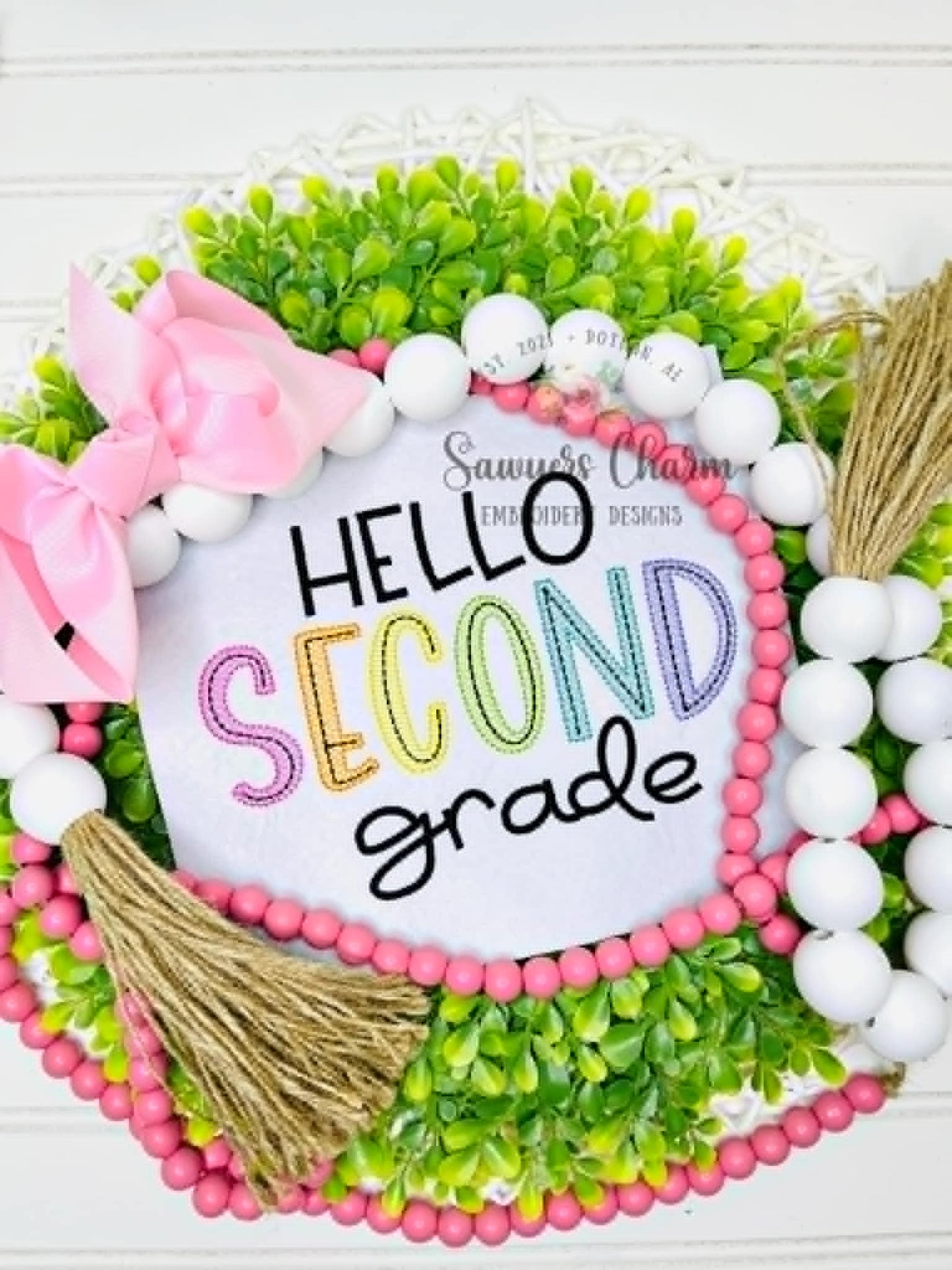 Hello Second Grade, sketch stitch embroidery design, satin stitch, back to school, elementary student/teacher
