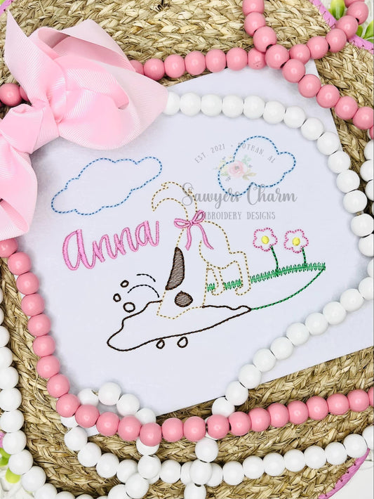 Puppy dog digging in dirt/grass vintage outline bean stitch machine embroidery design BUNDLE, includes version with/without flowers & bow