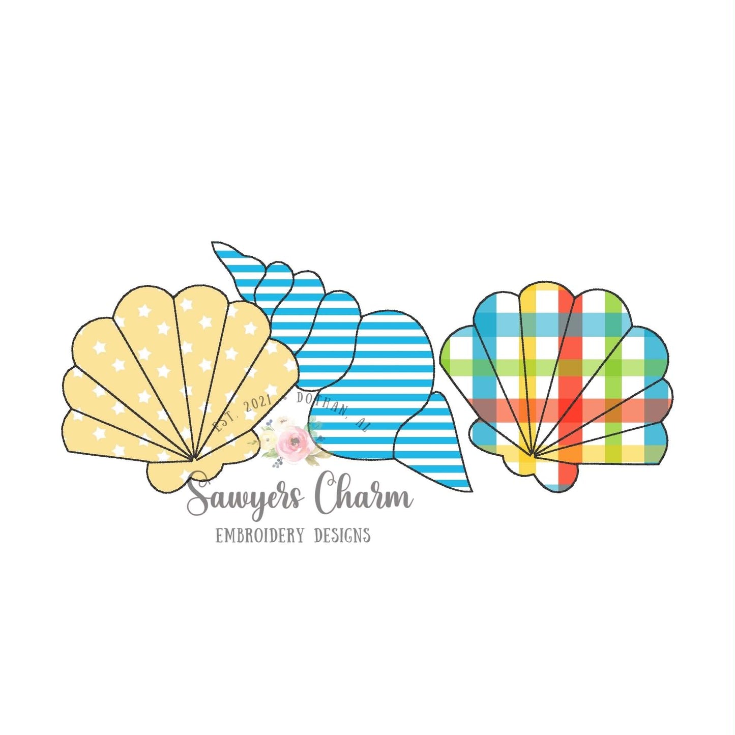 Seashells trio bean stitch applique BUNDLE, with/without coquette bow, beach summer