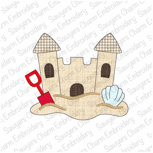 BUNDLE Sandcastle, seashell, and shovel bean & zigzag applique, machine embroidery design file, summer, nautical, beach, surfing, sand