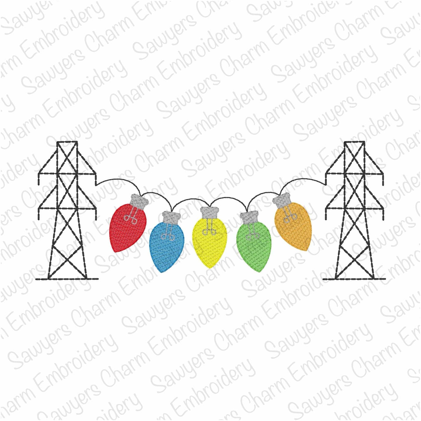 Transmission tower lineman vintage Christmas light bulbs bunting banner, sketch stitch machine embroidery design, happy holidays, power line