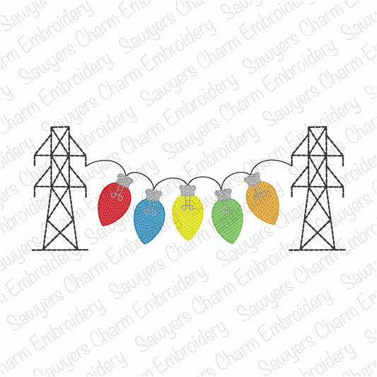 Transmission tower lineman vintage Christmas light bulbs bunting banner, sketch stitch machine embroidery design, happy holidays, power line