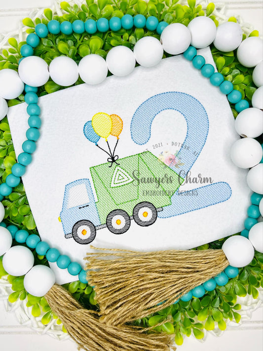 Garbage truck with number TWO & birthday balloons sketch stitch machine embroidery design, construction vehicle, city trash truck