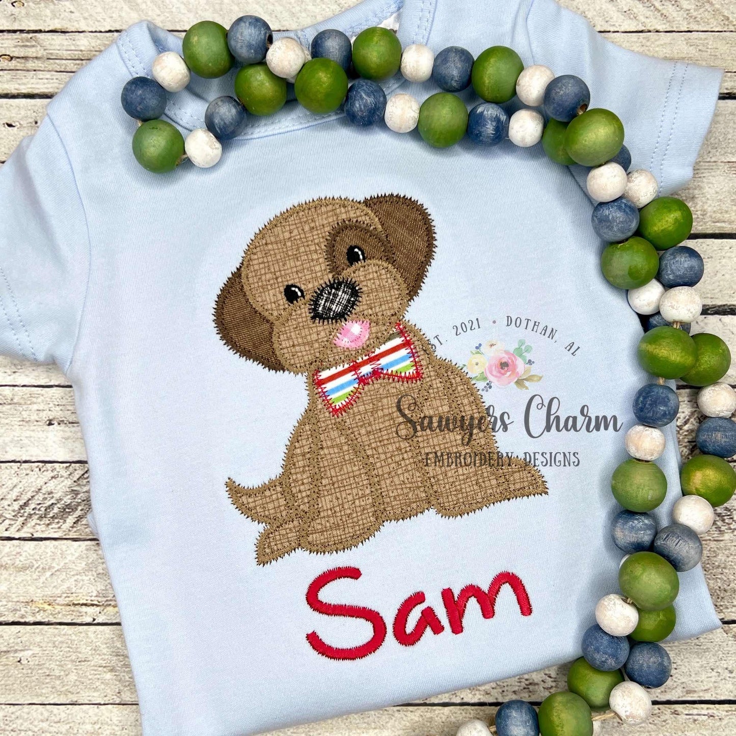Puppy dog with bow tie machine applique embroidery design, Zigzag stitch