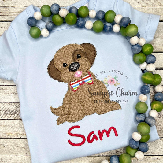 Puppy dog with bow tie machine applique embroidery design, Zigzag stitch