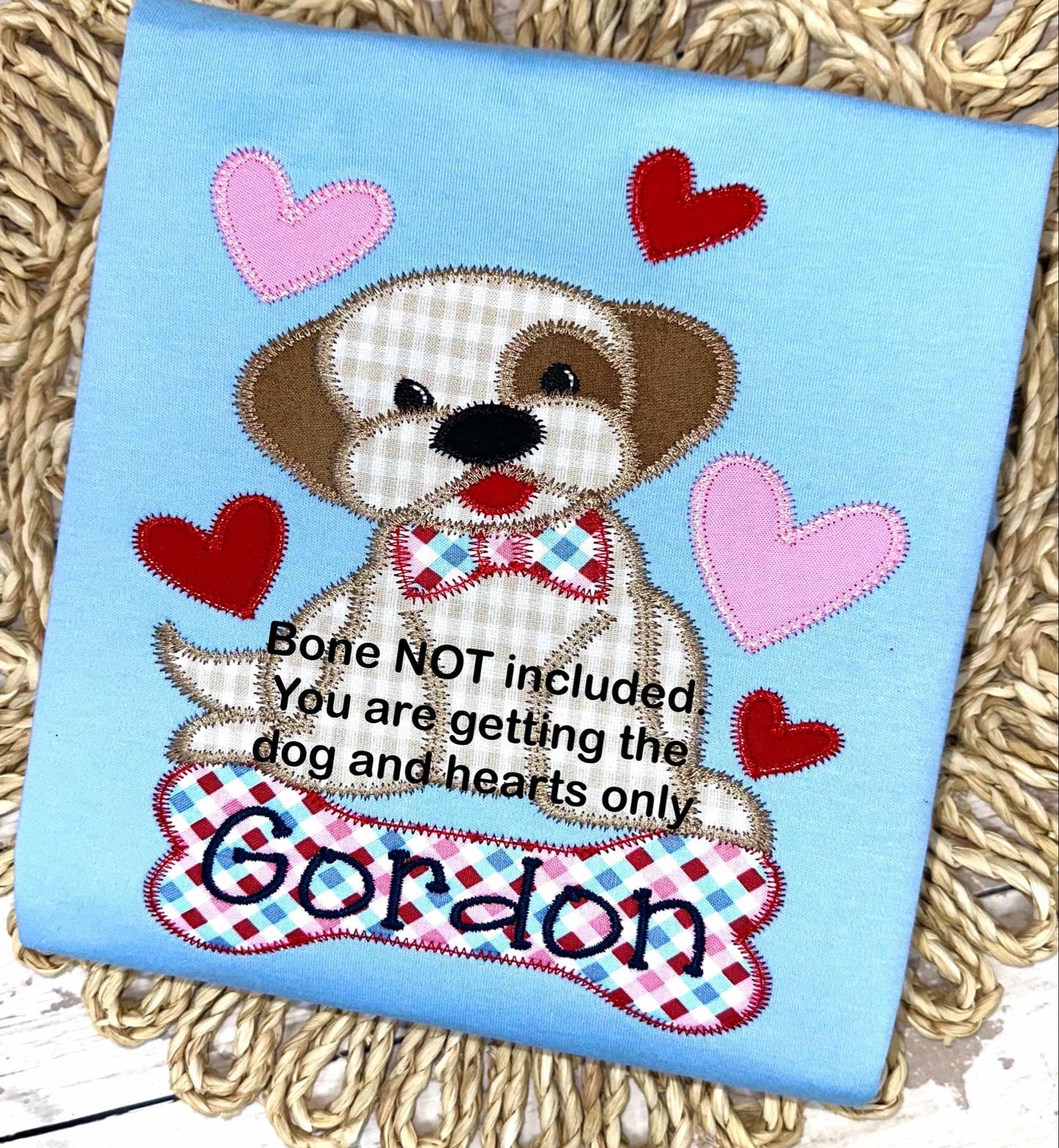Puppy dog with bow tie & hearts zig zag stitch machine applique embroidery design