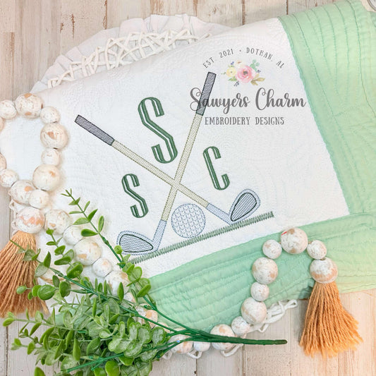Golf clubs/golf ball in grass sketch stitch machine embroidery design file, bean stitch, quick stitch, sports masters golf clubs par green