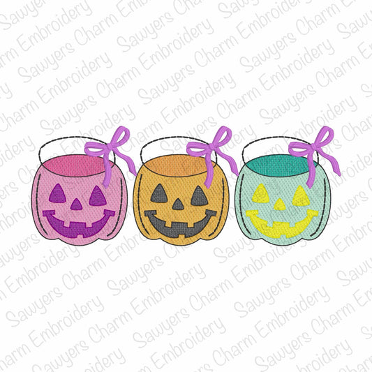 BUNDLE Candy bucket jackolantern sketch stitch trio machine embroidery design, Halloween, spooky, includes coquette bows, trick or treat