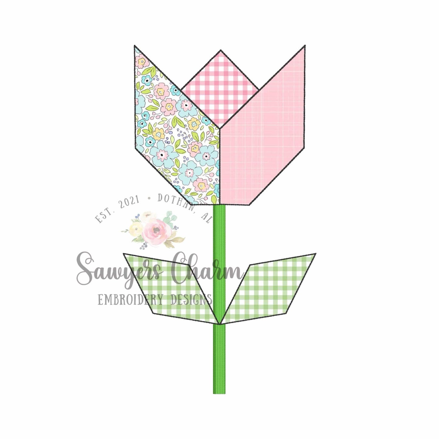 Quilt style tulip flower bean stitch applique, machine embroidery design, grandmother's flower garden