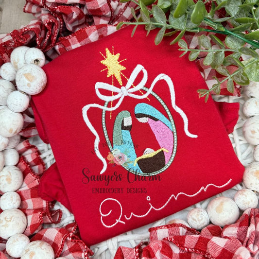Trendy coquette nativity scene, oval frame with bow, fill stitch machine embroidery design, happy holidays, Merry Christmas, Baby Jesus