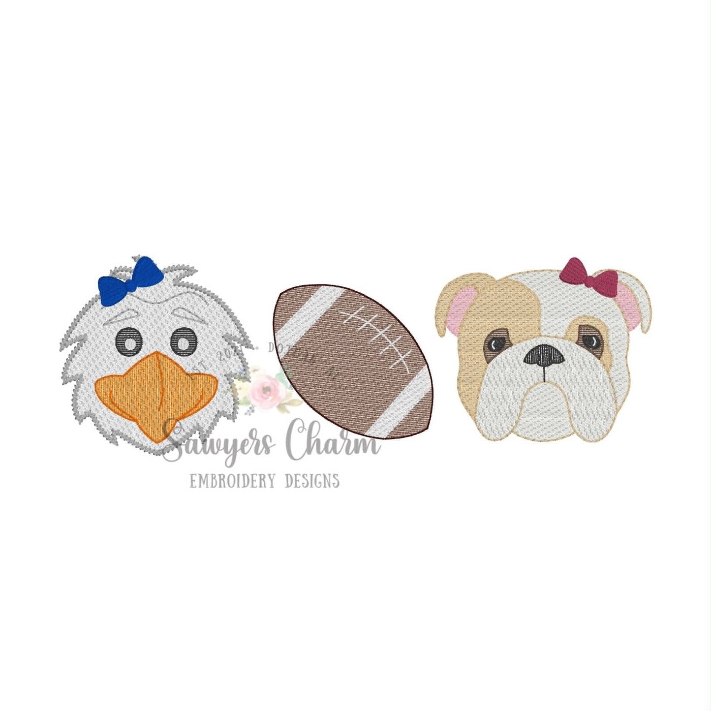 Eagle, football, and bulldog trio, sketch stitch embroidery design BUNDLE, with/without bow, house divided