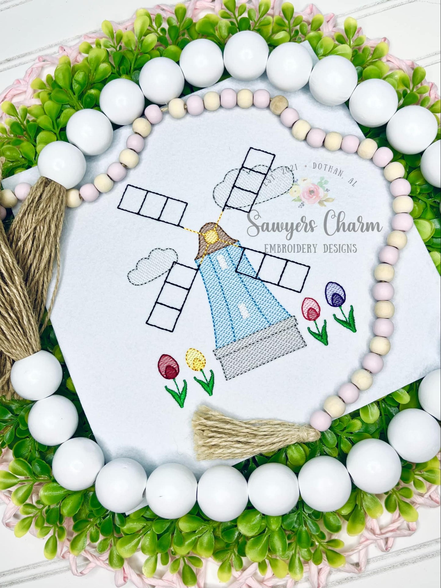 Windmill & tulips sketch stitch machine embroidery design file, quick stitch, spring flowers, Netherlands