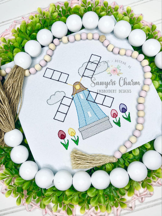 Windmill & tulips sketch stitch machine embroidery design file, quick stitch, spring flowers, Netherlands