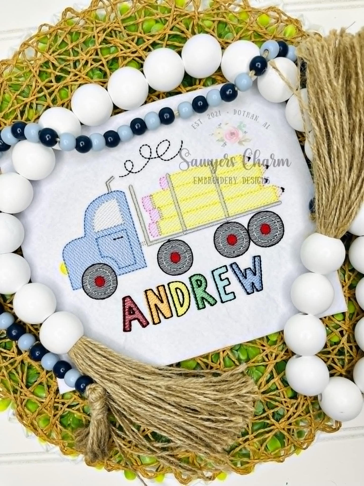 Back to school logging truck with pencils sketch stitch machine embroidery design, transportation vehicle, semi big rig