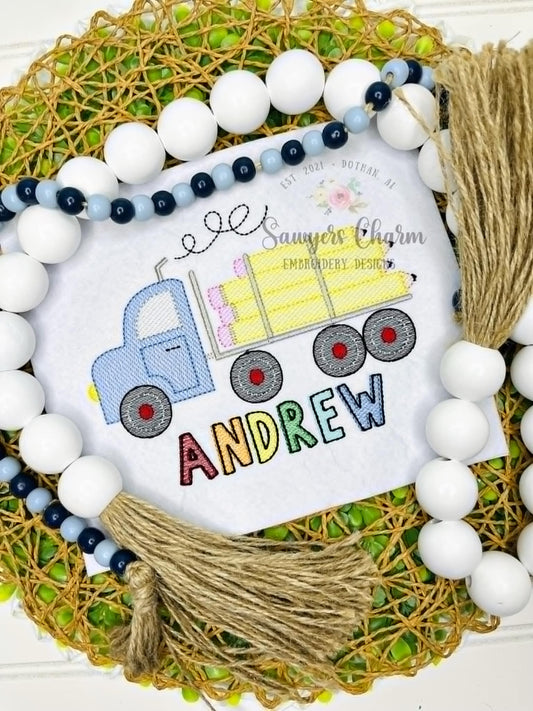 Back to school logging truck with pencils sketch stitch machine embroidery design, transportation vehicle, semi big rig