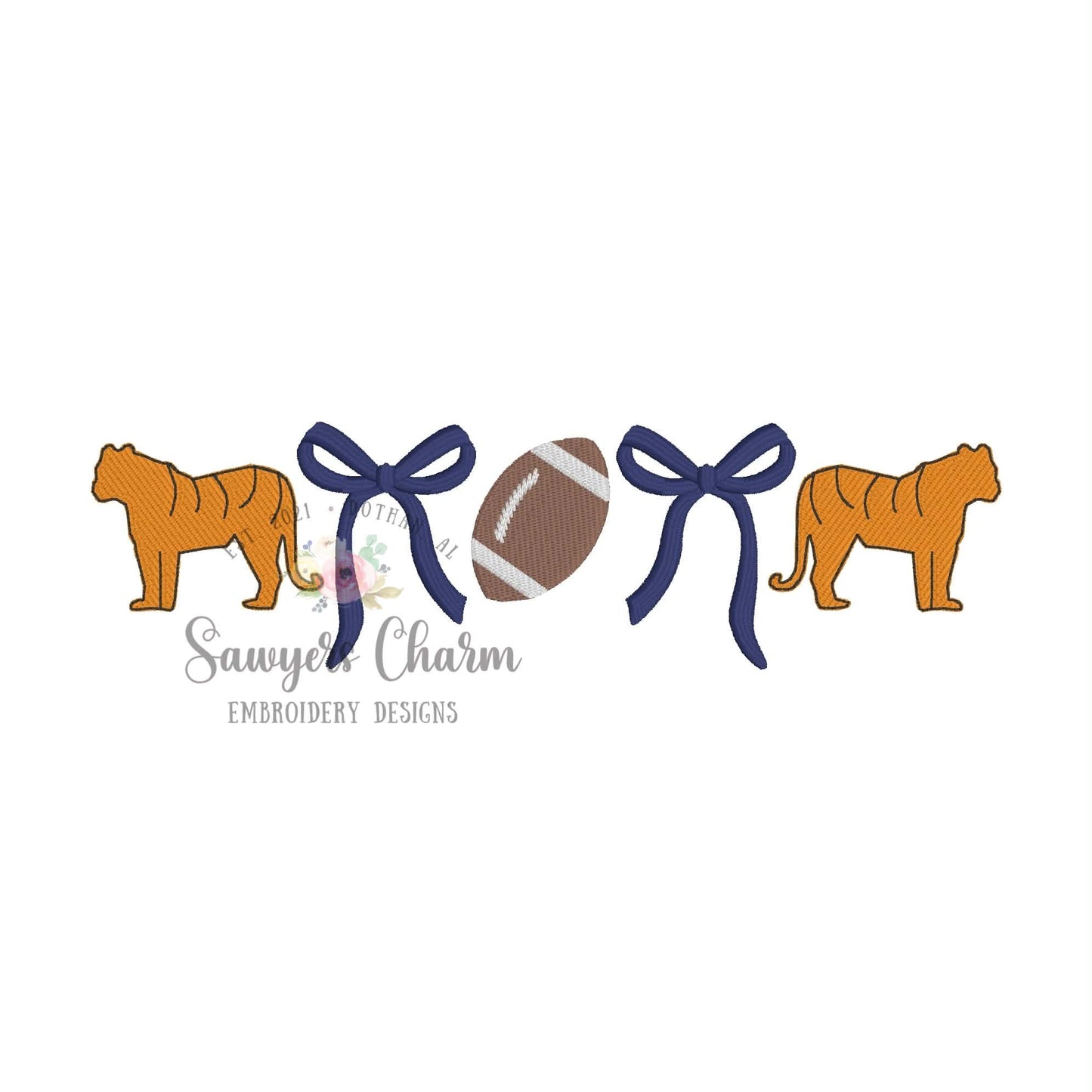 Trendy coquette bows, tigers, & football fill stitch, embroidery design, fall sports mascot, larger sizes, cheer, preppy fan