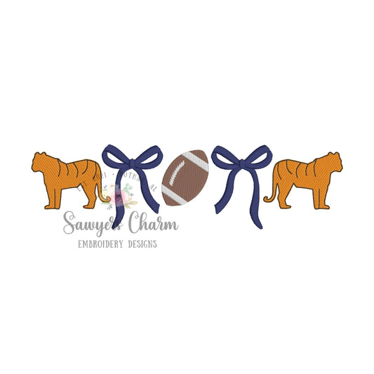 Trendy coquette bows, tigers, & football fill stitch, embroidery design, fall sports mascot, larger sizes, cheer, preppy fan