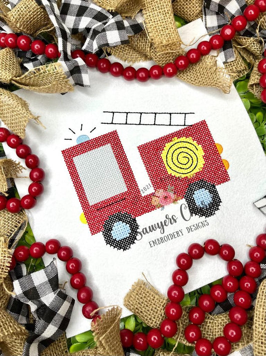 Firetruck cross stitch machine embroidery design file, vintage stitch, mini sizes included, firefighter truck