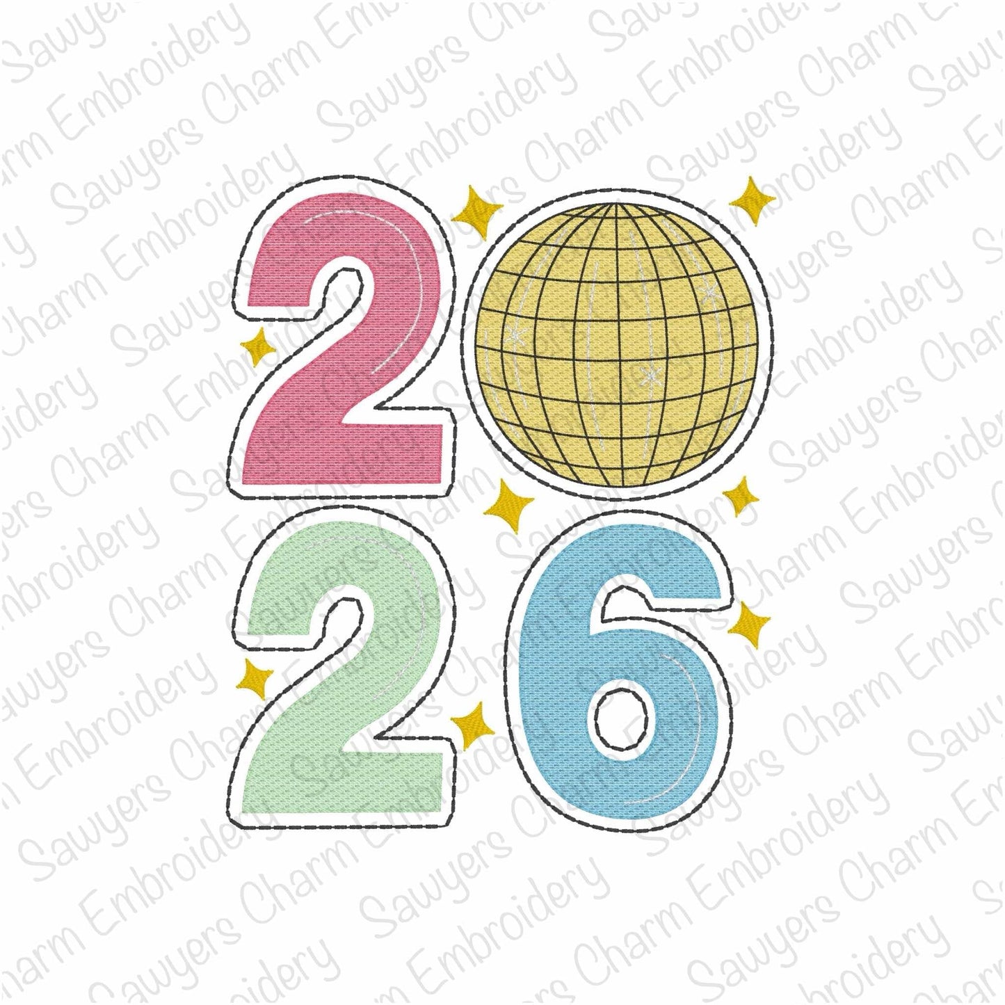BUNDLE 2026 Disco ball sketch stitch machine embroidery design file, quick stitch, happy holidays, Happy New Year, celebration, party