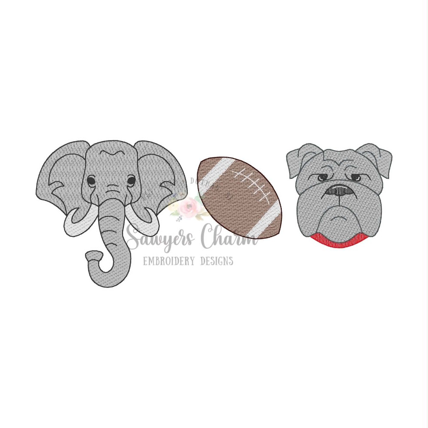 Elephant, football, bulldog with collar trio, sketch stitch embroidery design BUNDLE, with/without bow, House Divided
