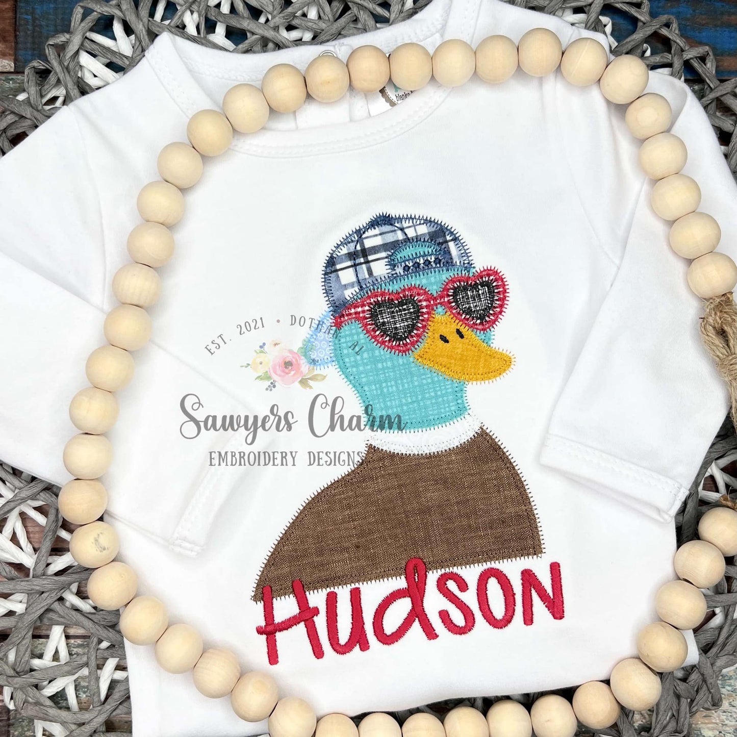 BUNDLE Valentine's Day Mallard duck with ball cap/hat and heart sunglasses bean & zig zag stitch machine applique embroidery design