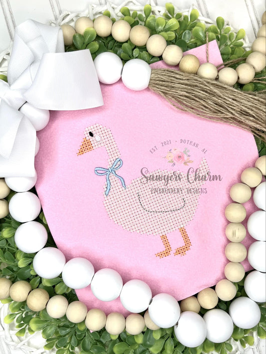 Cross stitch goose with coquette bow machine embroidery design file, spring farm animal, Easter, duck