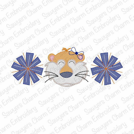 Tiger mascot & pom poms trio sketch stitch machine embroidery design file, fall sports, coquette bow, cheerleading, majorette, dance fan