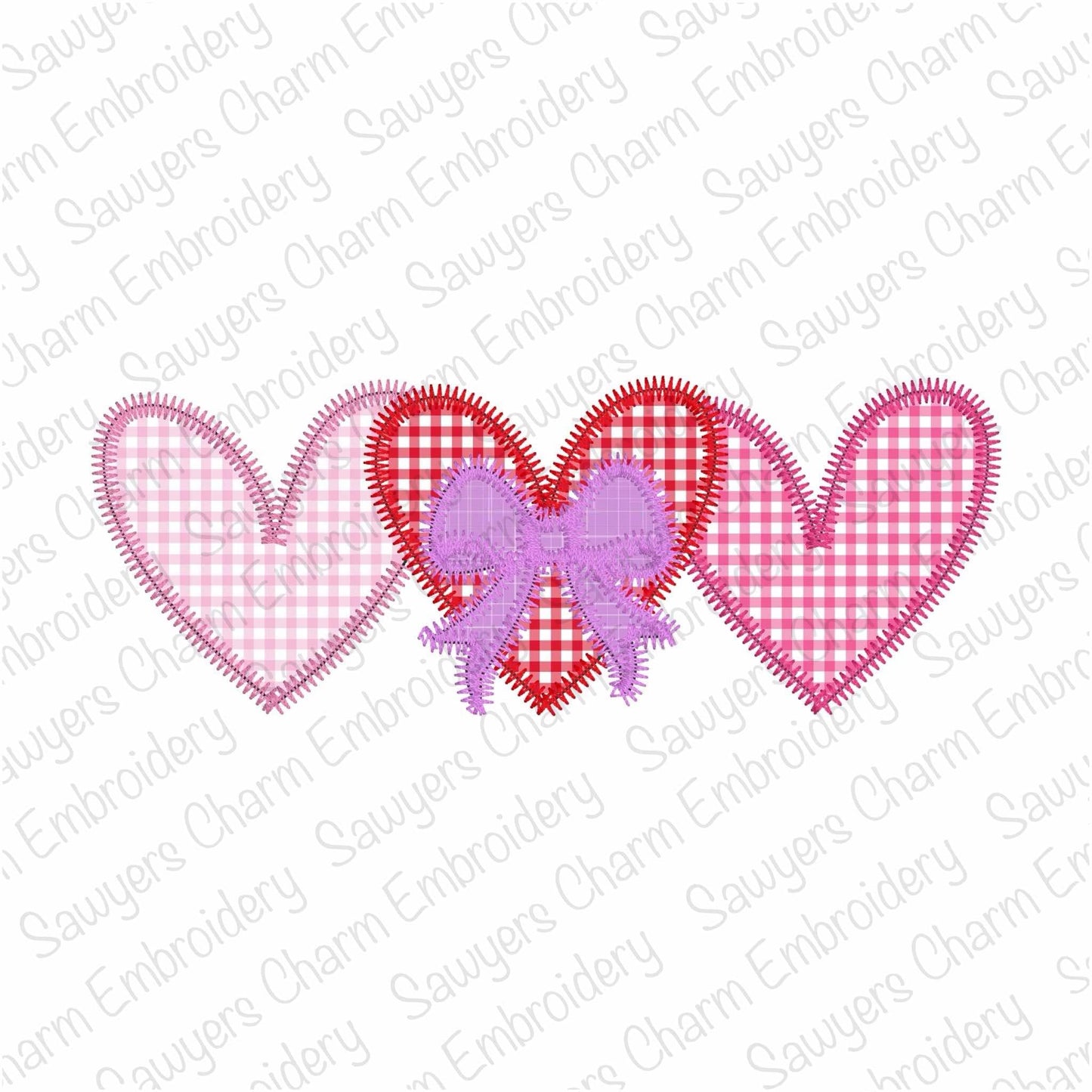 BUNDLE Heart trio with coquette bow zig zag & bean stitch applique, machine embroidery design, Valentine's Day love