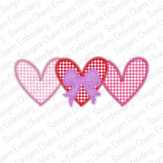BUNDLE Heart trio with coquette bow zig zag & bean stitch applique, machine embroidery design, Valentine's Day love
