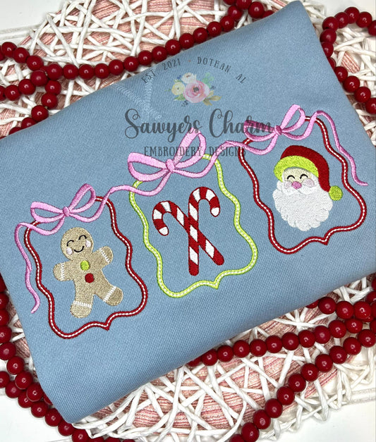 Coquette Bows Christmas frames trio satin stitch machine embroidery design, happy holidays, Gingerbread, candy canes, Santa Claus mini fill