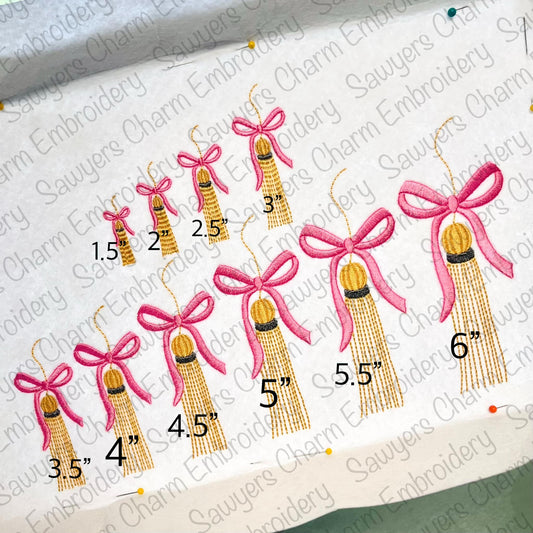 BUNDLE Tassel with/without coquette bow satin stitch machine embroidery design file, bean stitch, graduation day, cap & gown, mini sizes