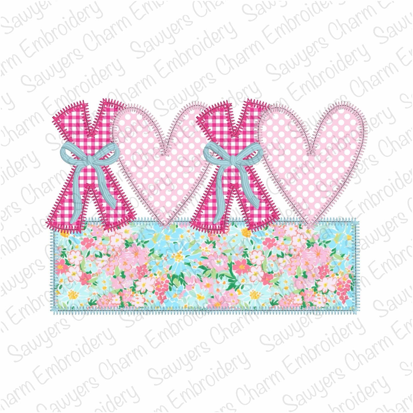 BUNDLE XOXO hearts with coquette bows and name plate zig zag & bean stitch applique, machine embroidery design, Valentine's Day love