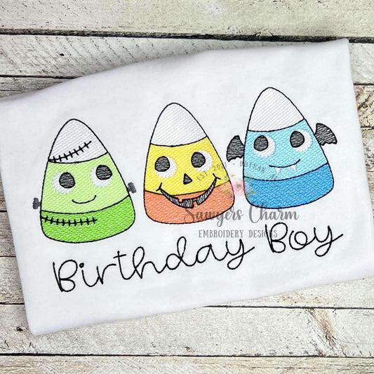 Halloween candy corn faces trio sketch stitch applique, machine embroidery design, frankenstein, jackolantern, bat, spooky season