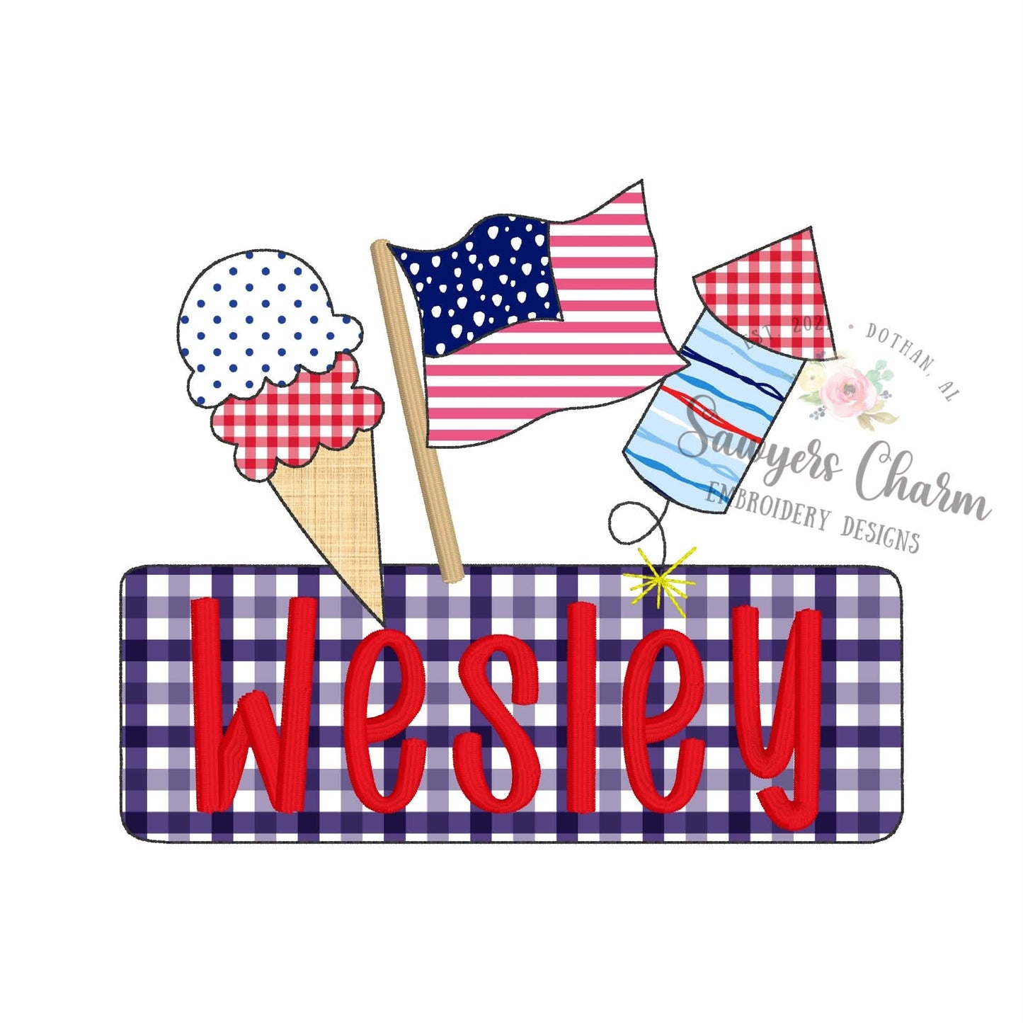 Ice cream, American flag, firework trio & name plate, bean stitch applique, embroidery design BUNDLE, with/without coquette bow, patriotic