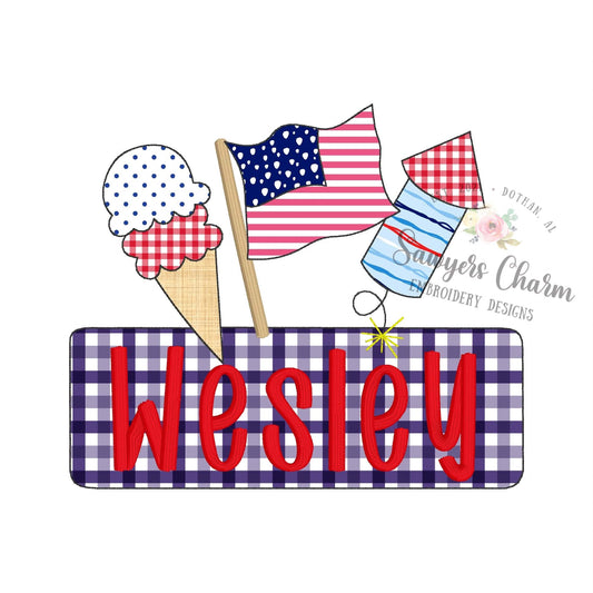 Ice cream, American flag, firework trio & name plate, bean stitch applique, embroidery design BUNDLE, with/without coquette bow, patriotic