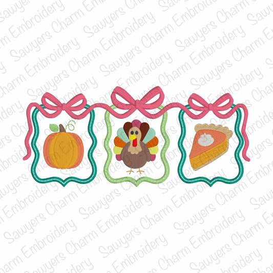 Coquette Bows Thanksgiving frames trio satin stitch machine embroidery design, pumpkin, turkey, pie mini fill, gobble, happy holidays