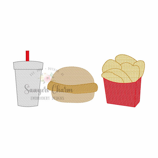 Chicken sandwich, waffle fries, drink sketch stitch trio, machine embroidery design, Fast Food