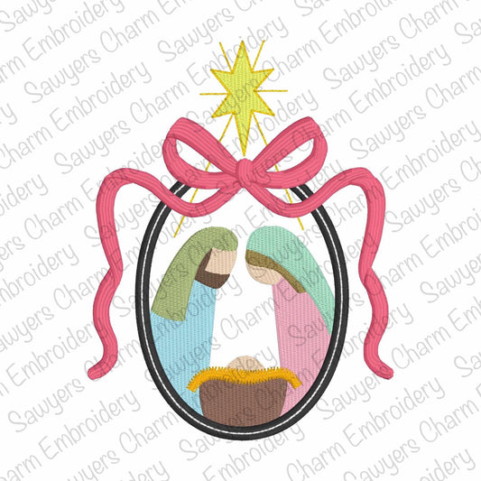 Trendy coquette nativity scene, oval frame with bow, fill stitch machine embroidery design, happy holidays, Merry Christmas, Baby Jesus