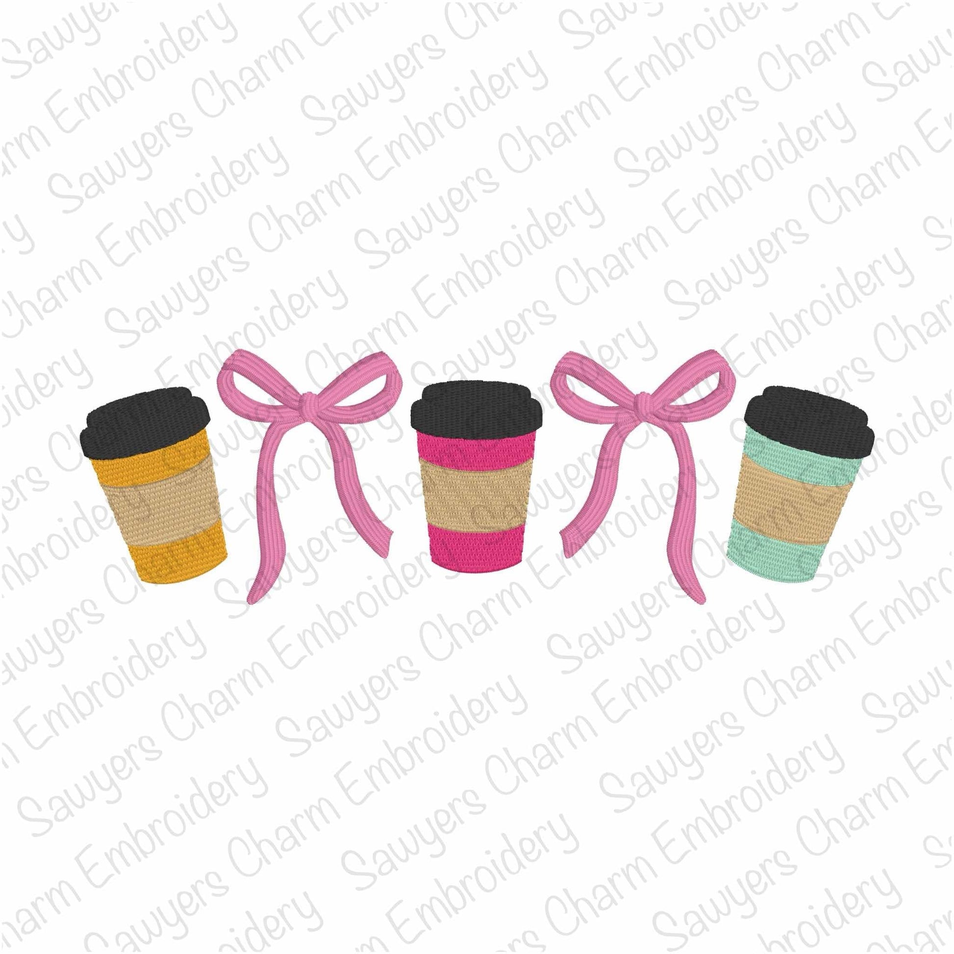 Two coffee cups with bows on a white background with 'Sauyer's Charm Embroidery' watermark.