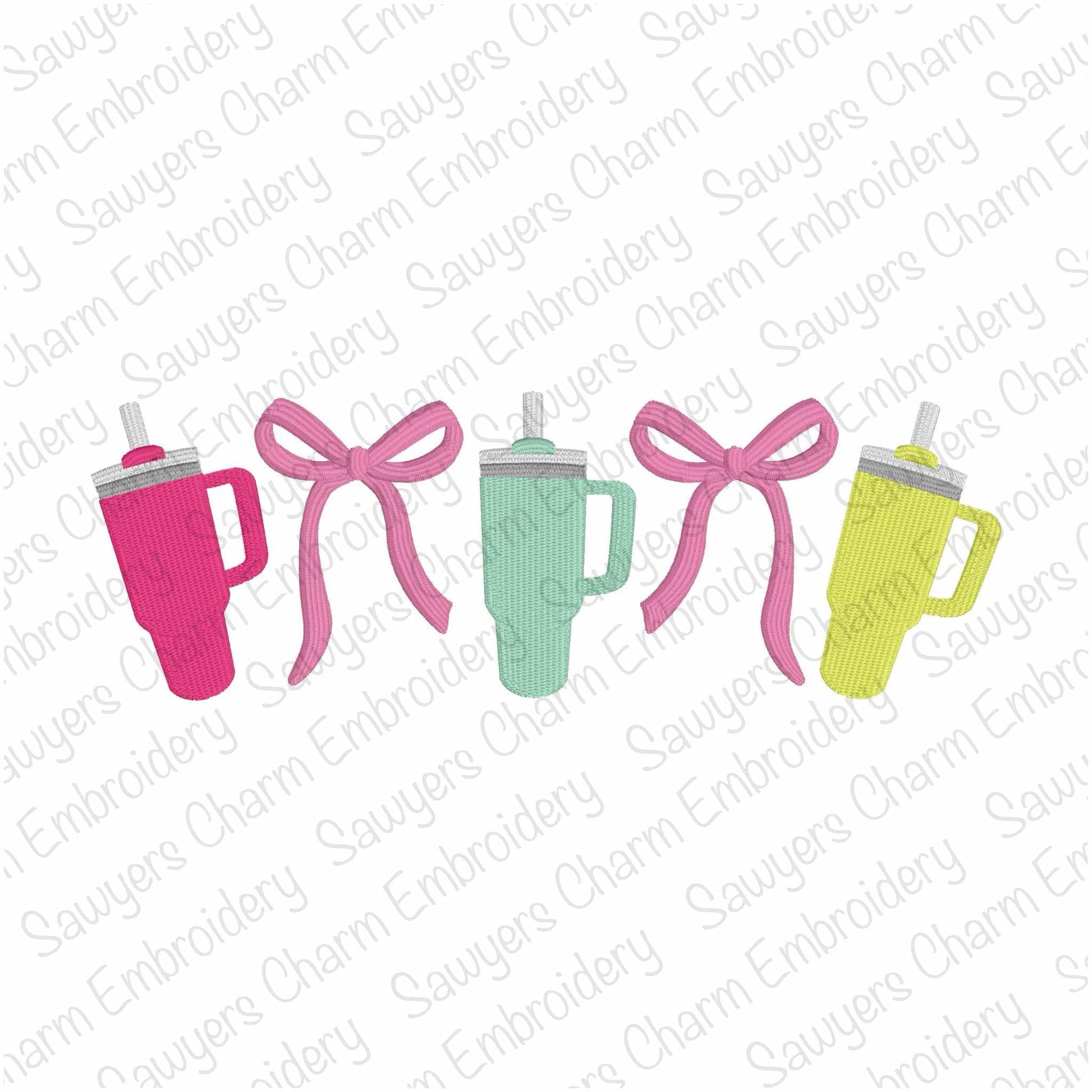 Colorful sippy cups with pink bows on a white background with 'Sauyer's Charm Embroidery' watermark.