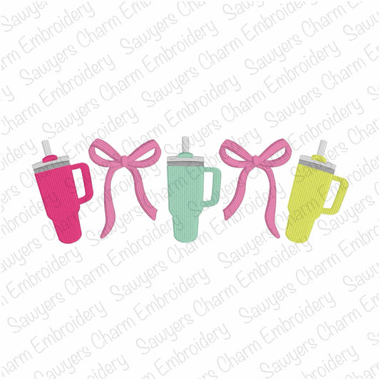 Colorful sippy cups with pink bows on a white background with 'Sauyer's Charm Embroidery' watermark.