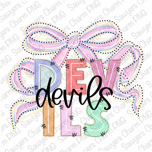 Colorful text 'DEVILS' with decorative elements on a white background.