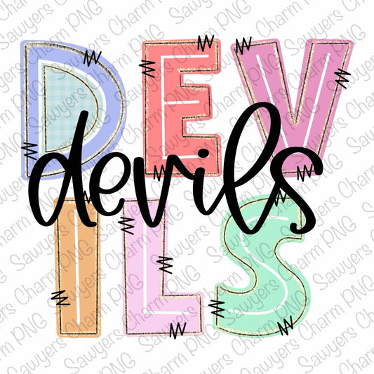 Colorful text 'DEVILS' with decorative elements on a white background