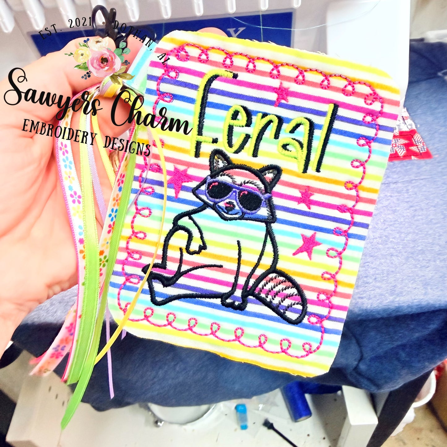 Feral Raccoon bean stitch applique BUNDLE, machine embroidery design, with/without coquette bow, satin stitch star doodles