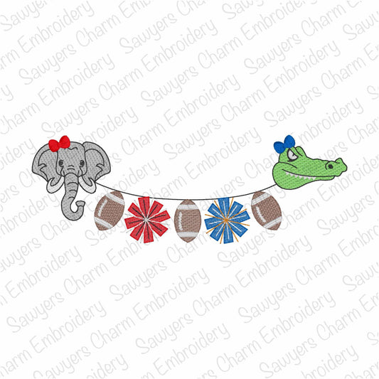 Decorative banner with elephant, crocodile, and sports-themed elements on a white background.