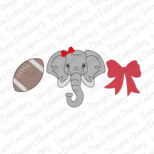 Embroidered design of an elephant with a red bow, a football, and a red bow on a white background.