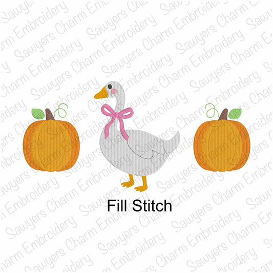 Embroidery design of a goose with pumpkins and 'Fill Stitch' text on a white background.